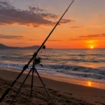 Equipo y caña de surfcasting en la playa para la pesca de espáridos