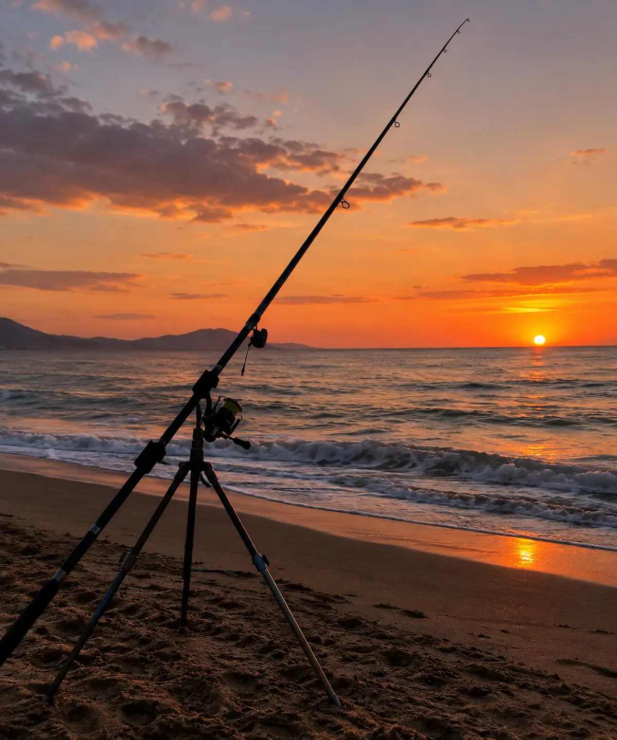 Equipo y caña de surfcasting en la playa para la pesca de espáridos