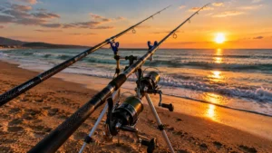 Cañas de pescar surfcasting colocadas en la playa al atardecer para guía de equipamiento técnico