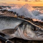 Gran lubina capturada a spinning desde la orilla de la playa con señuelo