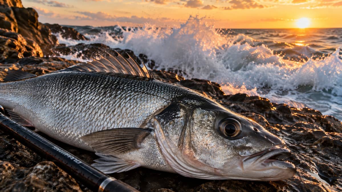 Gran lubina capturada a spinning desde la orilla de la playa con señuelo