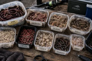 Gusanos de pesca marinos como tita y americano sobre arena junto a anzuelos y agujas de cebo