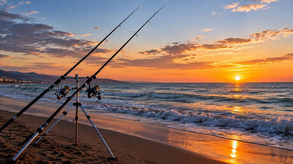Equipo de cañas de surfcasting al amanecer en una playa de España - Pesca Ibérica