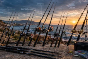 Tipos de cañas de pescar y equipos de surfcasting y spinning junto al mar