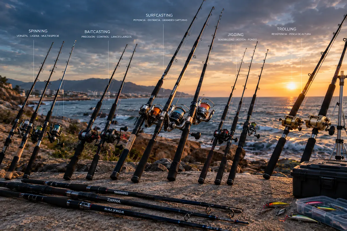Tipos de cañas de pescar y equipos de surfcasting y spinning junto al mar